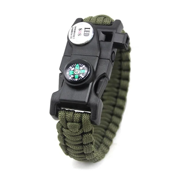 Outdoor Emergency Survival Bracelet SOS LED Light Camping Paracord Rope Multifunctional Survival Tool Whistle Compass Bracelet - Metal Color: Green