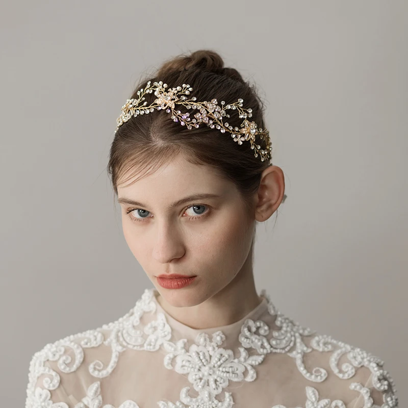 O044 Artificial Flowers Bridal Wedding Hairbands Headband Fairy Crystal Wedding Hairband With Ribbon Hair Accessories