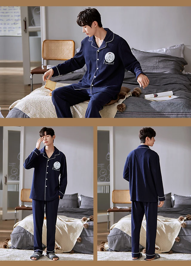 Autumn Winter Men Cotton Pajamas Set Fashion Red Letter Stripes Turn-dowm Collar Sleepwear Loose Blue Long Sleeve Men Home Suits mens silk pajama set