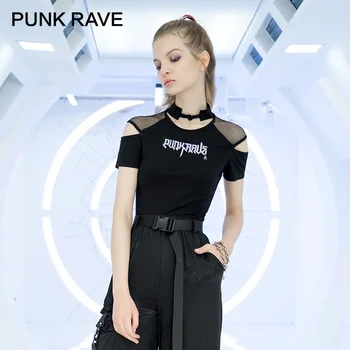 

PUNK RAVE Girl's Asymmetricle Stitched Embroidered Mesh Sexy T-shirts Punk Casual Letter Women Tops