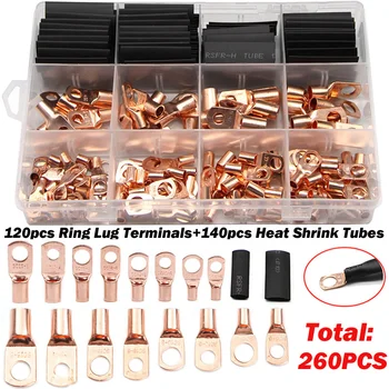 

260PCS Wire Crimp Terminals Copper Lug Ring Connectors Bare Kit Assortment