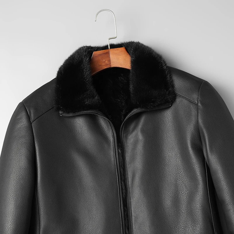 DK Natural Mink Fur Clothing Men Medium Long Winter Warm Leather Genuine Black Slim Sheepskin Leather Jackets