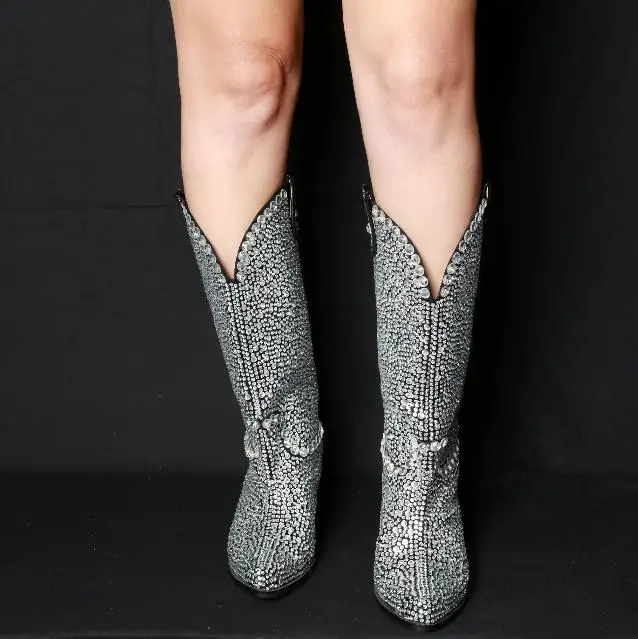 Женские сапоги до середины икры со стразами; Bota Feminina; модная обувь; женская обувь со стразами; Botines Mujer; ; Zapatos De Mujer