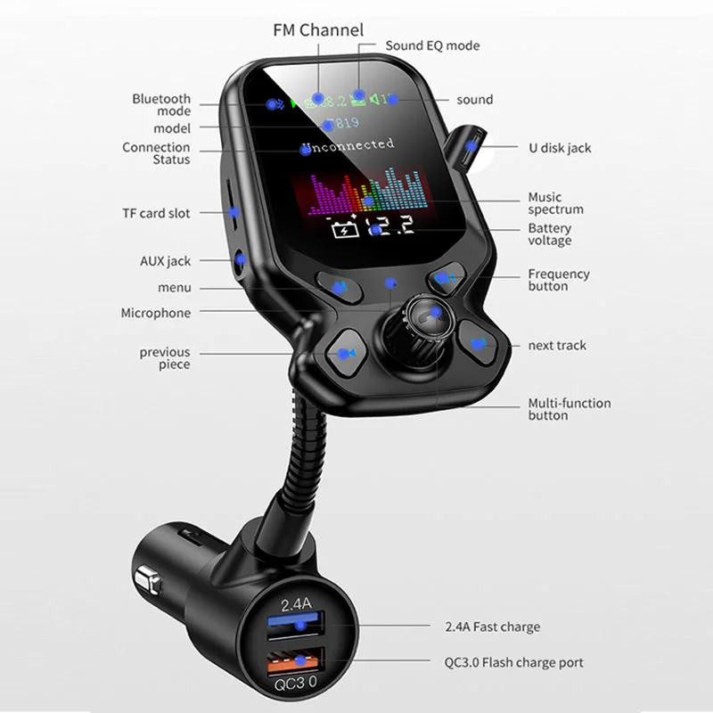 JaJaBor Bluetooth 5,0 автомобильный комплект громкой связи fm-передатчик AUX аудио беспроводной автомобильный mp3-плеер Быстрая зарядка QC3.0 автомобильное зарядное устройство