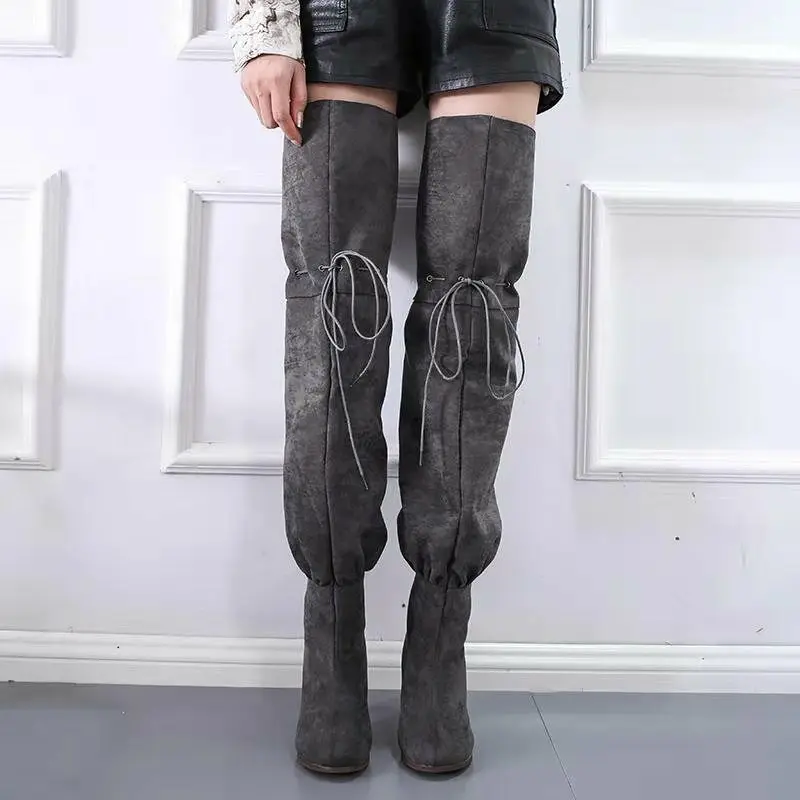 Высокие сапоги до бедра на высоком каблуке; женская зимняя обувь с искусственным мехом; женские черные кожаные сапоги выше колена; высокие зимние сапоги - Цвет: Серый