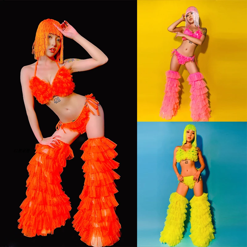 

Female Nightclub Gogo Jazz Performance Dancing Stage Costume Sexy Bikini Fluorescent Color Dancer Outfits Rave Clothes VDB4562