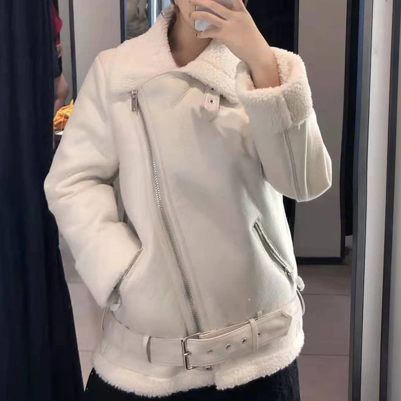 Promo  Autumn Winter Slim Sashes PU Faux Leather Jacket Coat Women Solid Zipper Casual Thick Warm Wool Lam