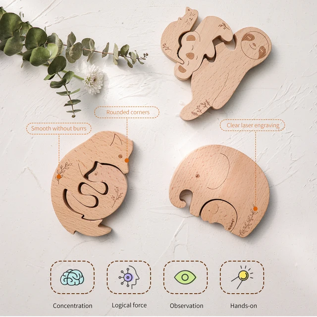 1 Set Baby Teether Food Grade Wooden Blocks Baby Montessori Educational Toys for Children Creative Animal Jigsaw Stacking Toys 2