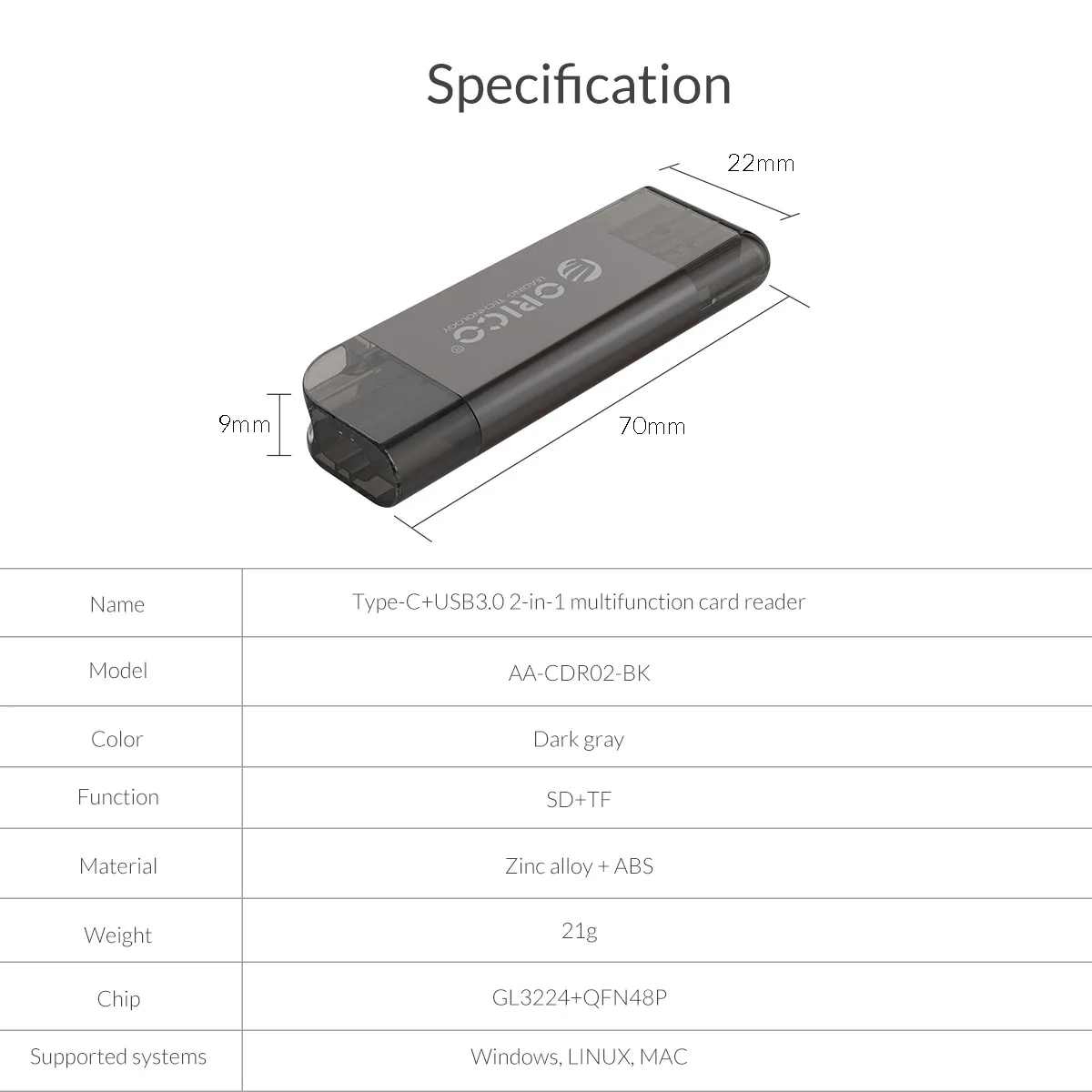 Orico type-C USB 3,0 2 в 1 SD/Micro SD TF высокоскоростной OTG считыватель карт памяти для type-C смартфон планшет компьютер ноутбук