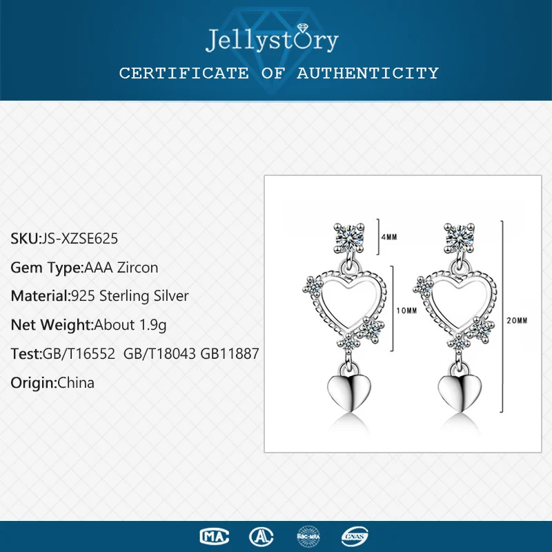 Jellystory модные серебряные 925 Ювелирные серьги с цирконием, драгоценные камни, двойные серьги-капли в форме сердца для женщин, свадебные подарки