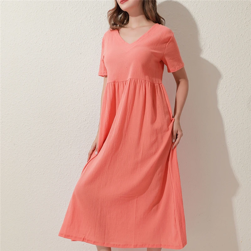 Hot Sale Women Long Dresses Casual Solid Color Dress For Female Plus Size Ladies Fashionable V-Neck Short Sleeve | Женская одежда