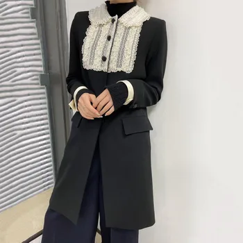 

Women Loose Long Black Trench Coat 2020 Runway Coat Women Fashion White Lace Lapel Collar Single Breasted Straight Jaket Coat