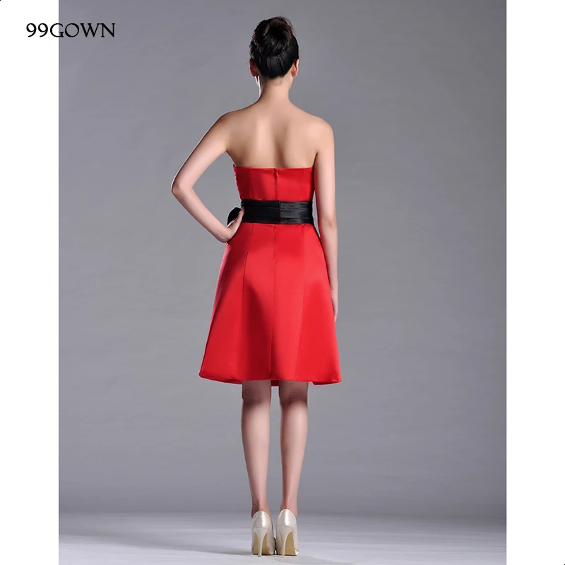 99GOWN красное атласное женское свадебное платье без бретелек с поясом мини платье подружки невесты свадебное платье для гостей