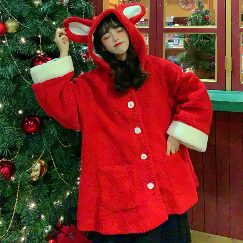 

Deeptown Kawaii Hoodies Winter 2020 Fashion Warm Zip Up Hoodies Long Sleeve Tops Cute Christmas Casual Warm Red Hoodie Women