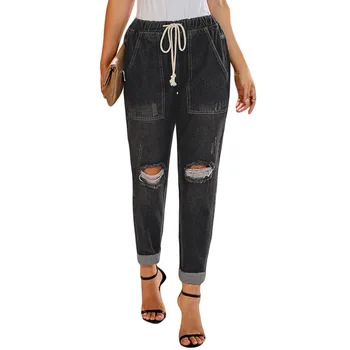 

Woman Denim Pants Casual Harem Woman Pants European Style Elastic Waist Female Trouser Jeans