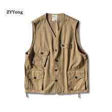 2020 Cotton Vest Men's Fashion Solid Color Retro Casual V-neck Vest Jacket Men Streetwear Wild Loose Gilet Coat Mens