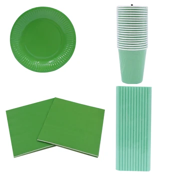 

20pcs Green Theme Disposable Plates Cups Straws Napkins Birthday Party Supplies Tableware Set Christmas Towel For Kids Favors
