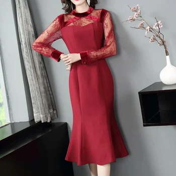 

Spring Autumn New Women'S Party Casual Sexy Vintage Elegant Lace Long Sleeve Stitching Mermaid Midi Dress