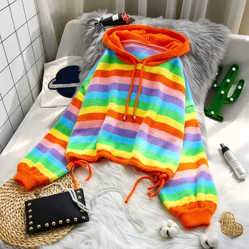 

rainbow collar hooded knitted women sweater and pullovers 2020 wintern v-neck lantern sleeved loose casual female pulls tops