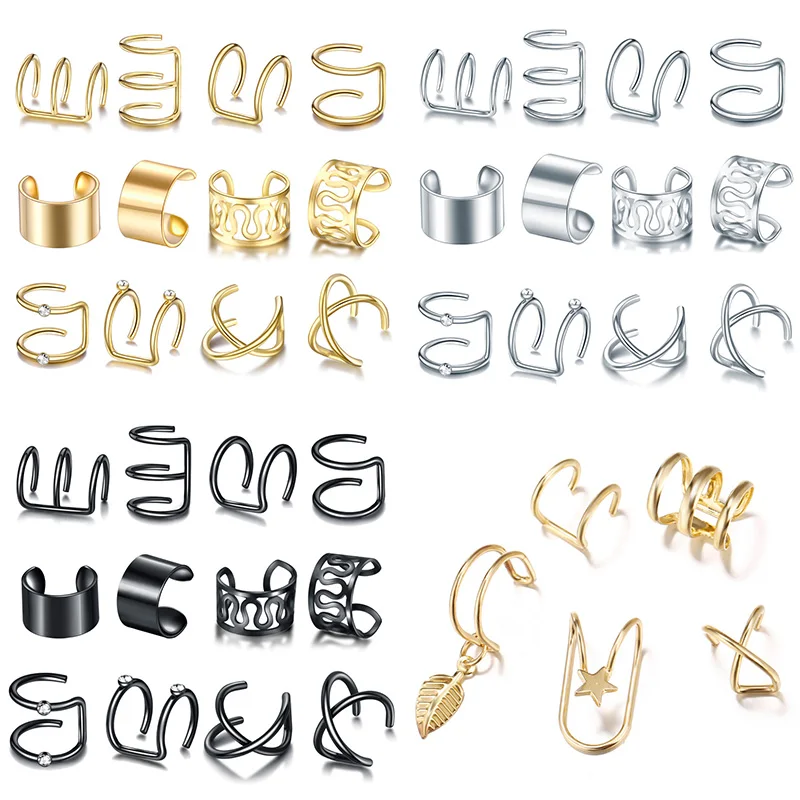 KSRA 12pcs/set 2020 Fashion Gold Color Ear Cuffs Leaf Earrings Women Climbers No Piercing Fake Cartilage Stud Earring Jewelry