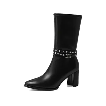 

Natural Genuine Leather Chunky Heels Boots Winter Mid Calf Boots Women High Heel Shoes Ladies dress party shoes woman size 42 43