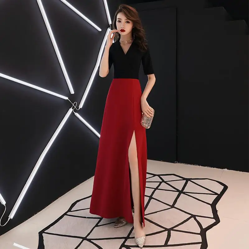 Новинка, тонкое ТРАПЕЦИЕВИДНОЕ ПЛАТЬЕ, элегантное, на одно плечо, белое, Cheongsam, сексуальное, с высоким разрезом, длинное, женское, официальное, вечернее платье, Robe De Soiree - Цвет: Black-Burgundy