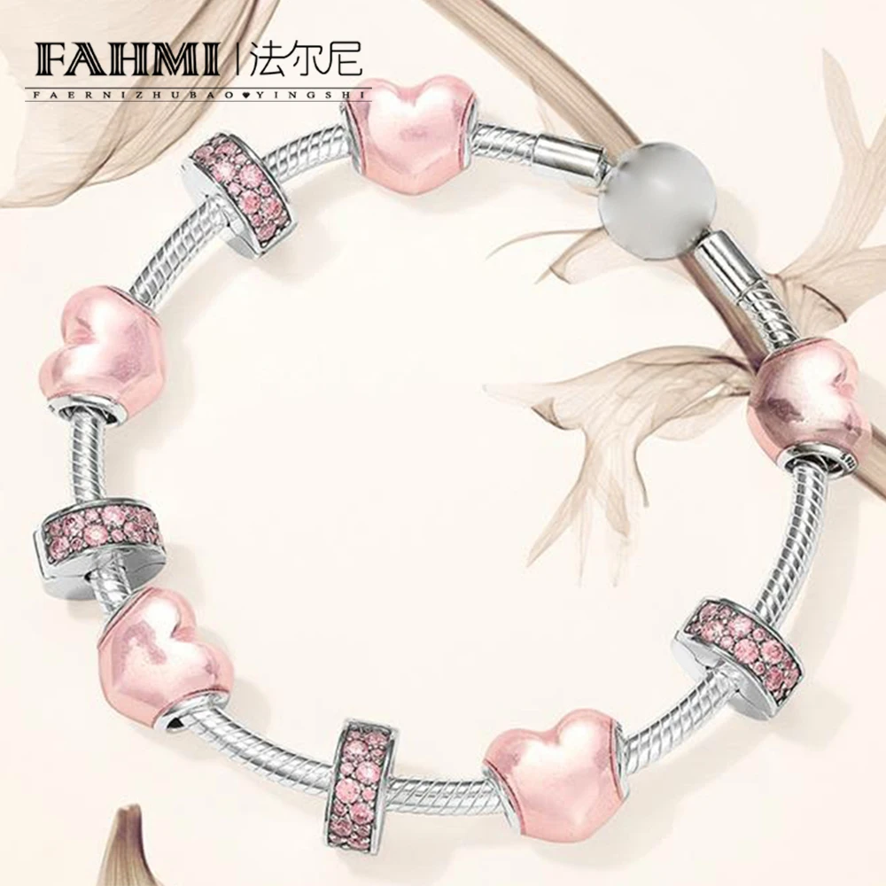 

FAHMI 100% 925 Sterling Silver 1:1 GLITTERING HEART CHARM MOMENTS SMOOTH CLASP BRACELET Romantic Love Valentine's Day Gift Set
