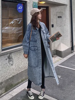 

Denim windbreaker women's middle long British style new knee coat student oversize denim coat