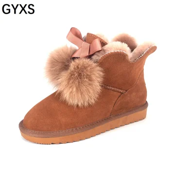 

100% Genuine Leather girls women snow boots winter Low tube hairball warm Cowhide Big size 33-45 female boots woman cotton shoes