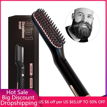 

Beard Kit for Men Straightening Comb Heated Beard Brush Men's Mustache Shaving Comb Women Hair Straightener Brush Flat Iron