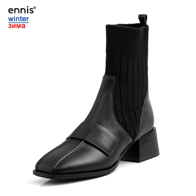 Black Plush Inside ENNIS/ботильоны из натуральной кожи; черные вязаные Стрейчевые полусапожки; женские модные ботинки на среднем каблуке; модельные туфли с квадратным носком; A9325 - Цвет: Black Plush Inside