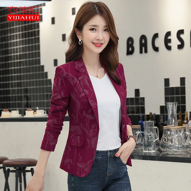 

Wine Red Printed Small Suit Coat Women's 2019 Spring And Autumn New Style Korean-style Slim Fit Slimming Casual Long Sleeve Suit
