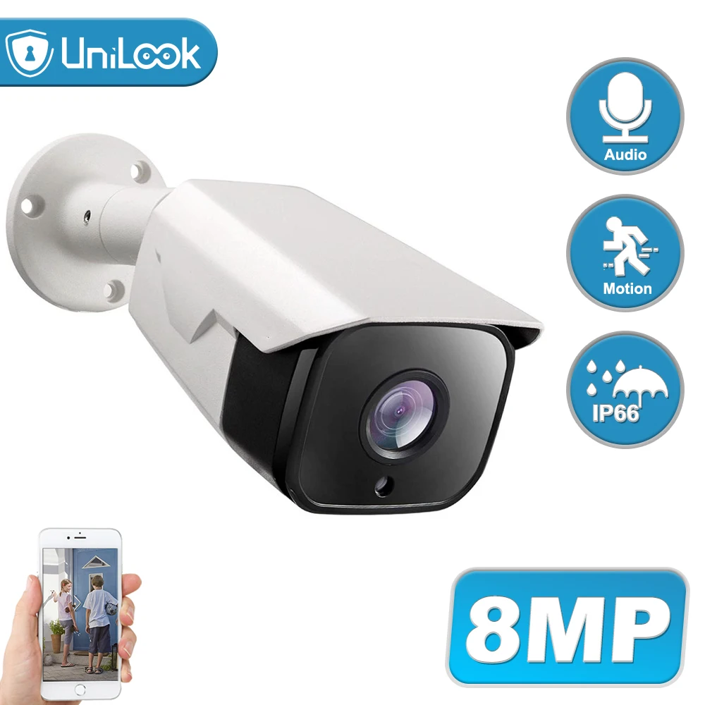 Unilook 4K 8MP POE IP Camera Outdoor Waterproof Audio CCTV Bullet Camera Motion Detection ONVIF For PoE NVR 48V H.265