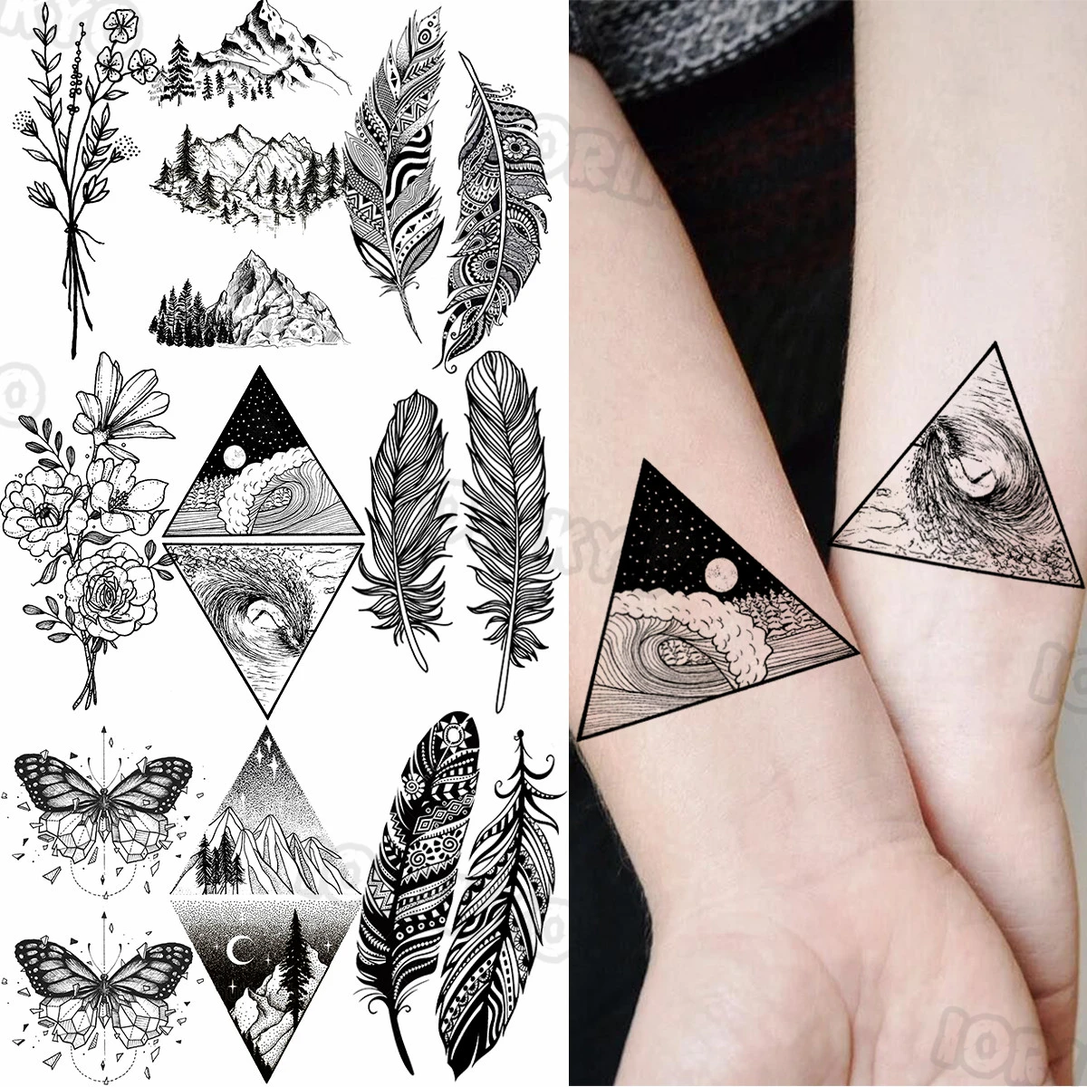 Tatouage En Rapport Avec La Mer Faux tatouages temporaires de l'espace pour femmes et hommes, autocollant  de fleurs de montagne avec plumes, bras, étanche, vague de mer | AliExpress