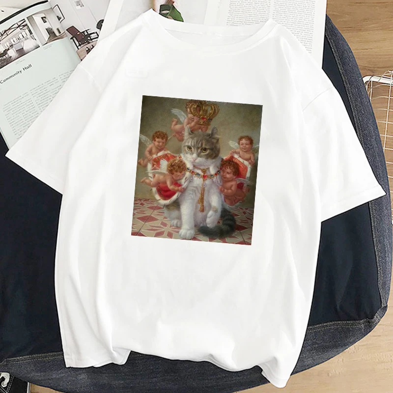 Пуловер с принтом ангела и кота, топы, женская мода, большие размеры, свободный круглый вырез, повседневная Летняя женская футболка ins Harajuku