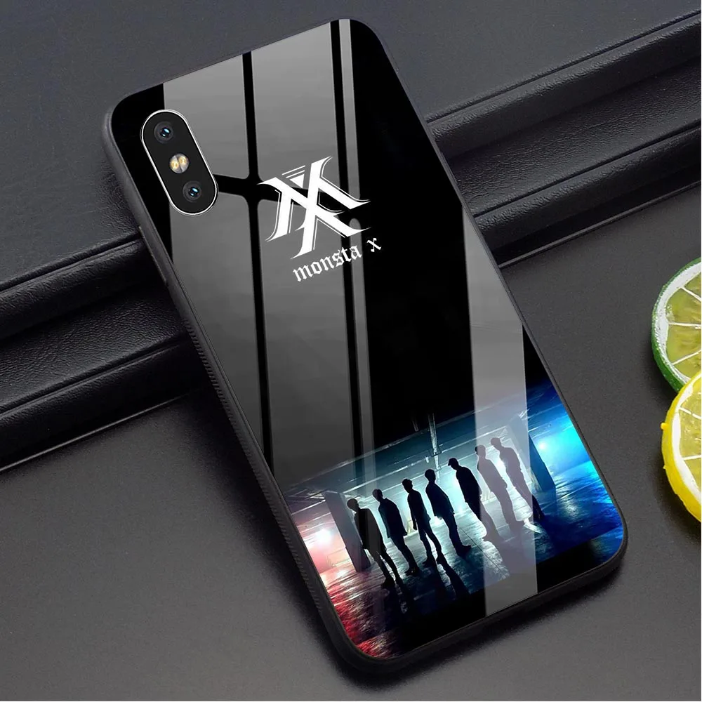 

Shockproof Monsta X Band Tempered Glass Phone Case for iPhone 6S Cover 8 XR X 7 Plus 6 5 5S SE Xs Max Covers Back