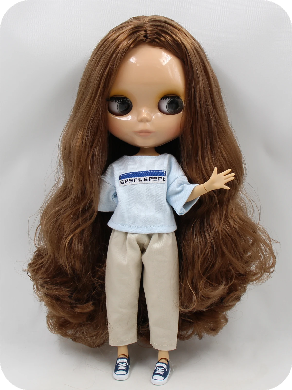 Neo Blythe Doll with Brown Hair, Tan Skin, Shiny Cute Face & Custom Jointed Body 1