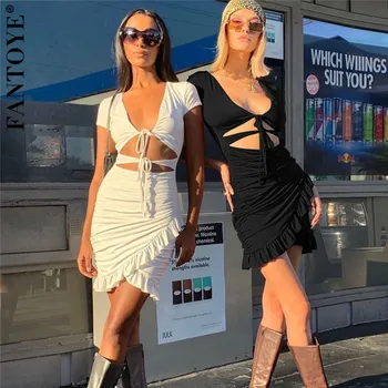 

FANTOYE Sexy Ruffle Bandage Dress 2020 Summer Women Hollow-Out Party Dress Casual V-Neck Short Sleeve Beach Club Dress Vestidos