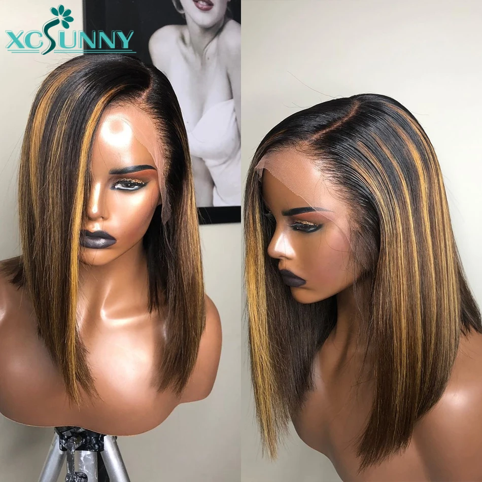 Хайлайтер парик блонд Боб Remy бразильский 13x4 кружевной передний Цветные Короткие