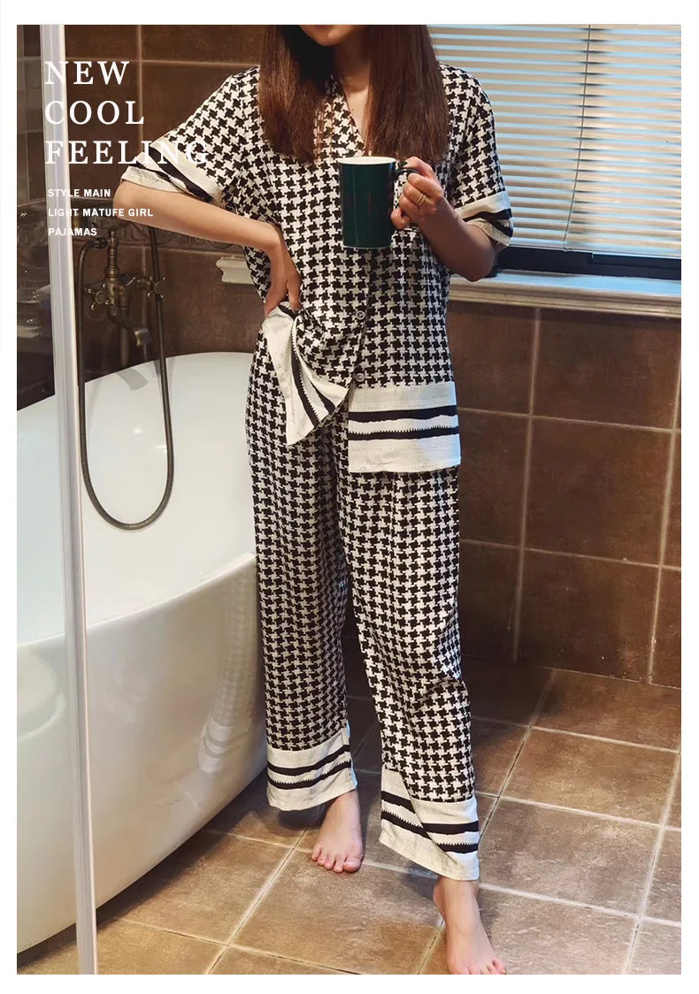 

Summer Short Sleeve Pants Women's Pajamas Thousand Bird Grid Silk Imitation Silk Home Clothes Two Piece Set