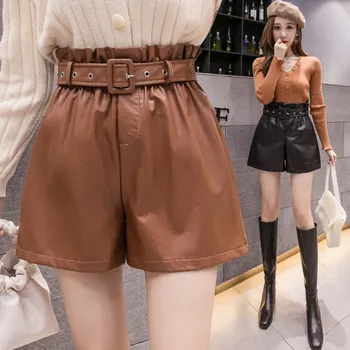

Plus Size 3XL PU Faux Leather Shorts Women High Waist Elastic Korean Style Bottom Female 2020 Spring Sashes Woman Clothes