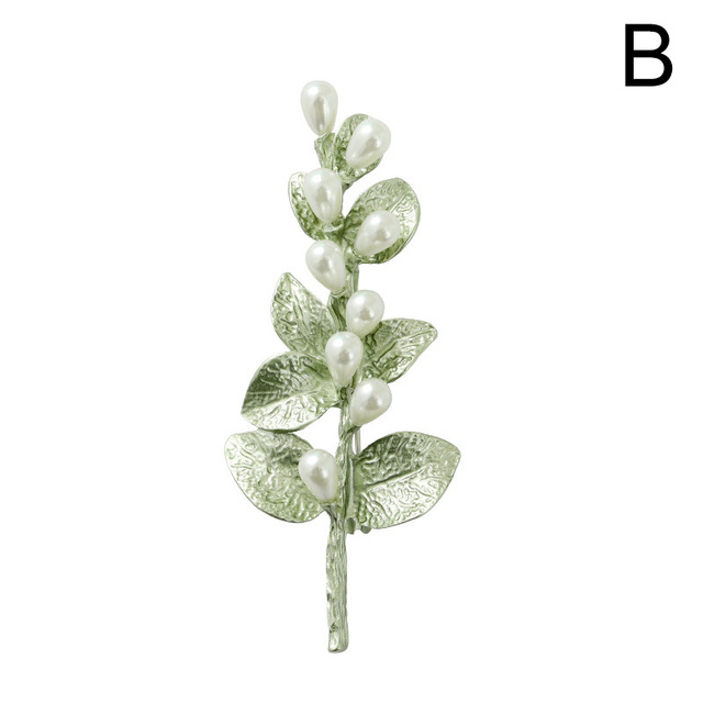 Vintage Enamel Green Color Plant Pearls Pin Tree Lotus Leaf Blueberry Cherry Flower Brooch for Women Accessories Jewelry