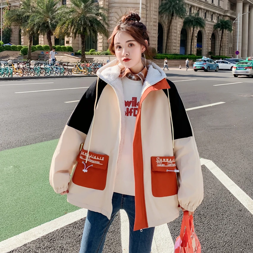 

[EWQ] 2019 Autumn New Hooded Thick Down Parka Plus Size Thick Warm Winter Overcoat 3 Color Lamb Fur Cotton-padded Coat QL450