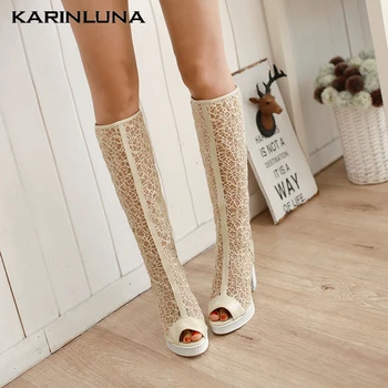 

KarinLuna 2020 New Fashion Women Boots Suqare Heels Peep Toe Platform Knee-High Boots Zip Pumps Sping/Autumn Women Shoes
