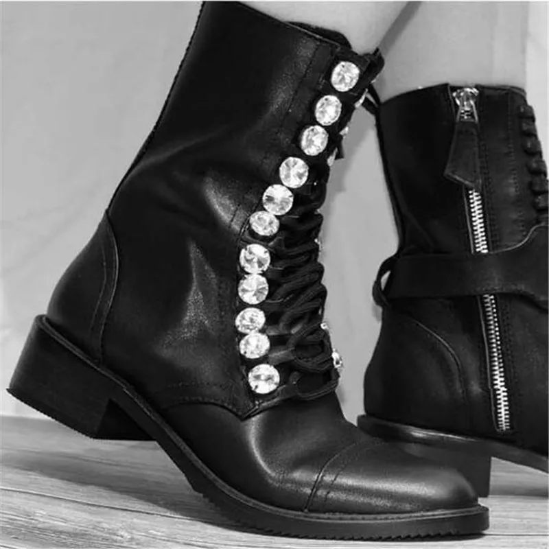 

Runway Crystal Ankle Boots Black Biker Boots For Women Shoes Punk Med Heels Combat Botas Mujer Leather Chaussure Femme Booties