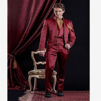 

Burgundy Embroidery Mens Dinner Party Prom Suits Groom Tuxedos Groomsmen Tailcoat Wedding Blazer Men Suit (Jacket+Pants+Vest)