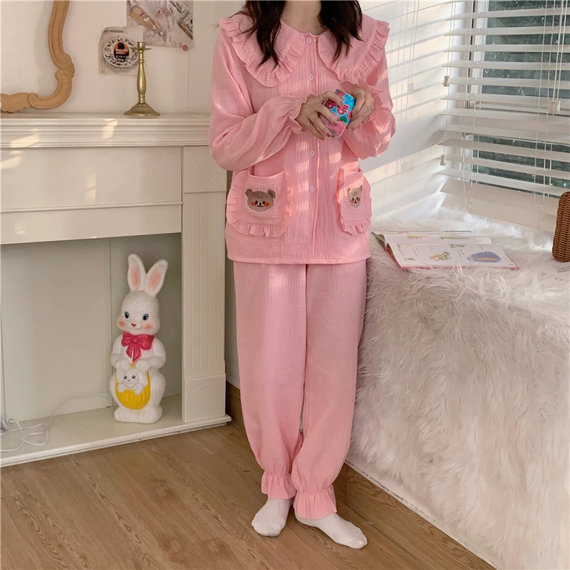 de pijama con cuello peter pan para primavera y otoño, ropa de dormir de gasa doble crepé, pantalones para el hogar, D036 - AliExpress Ropa interior ropa de