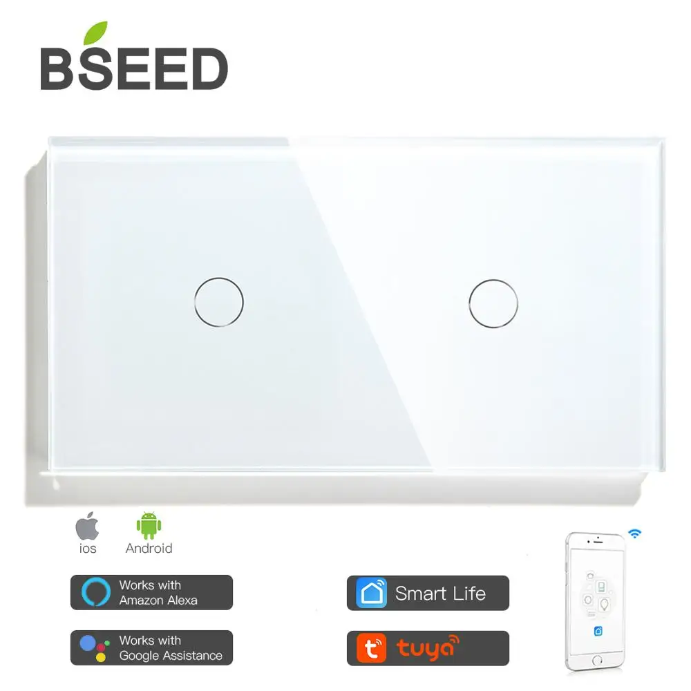 Bseed Smart 2 Gang WifI Control Touch Switch Work With Tuya157mm Light Switch White Black Gold Mirror Crystal Panel Switch