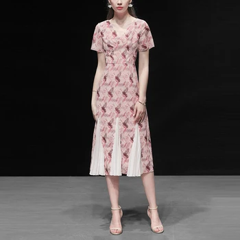 

Seifrmann Summer Fashion Runway Designer Dress Women Boho Chiffon Print Dot Short sleeve Patchwork Draped Ladies Midi Dress 2020