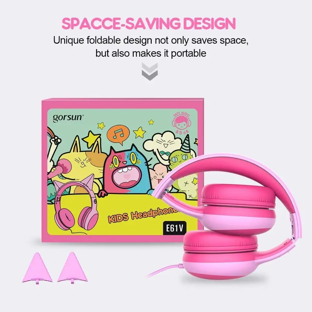 Gorsun Kids Headphones with limited volume Children Headphone with decorative ears Ear for boys and girls Wired Headset